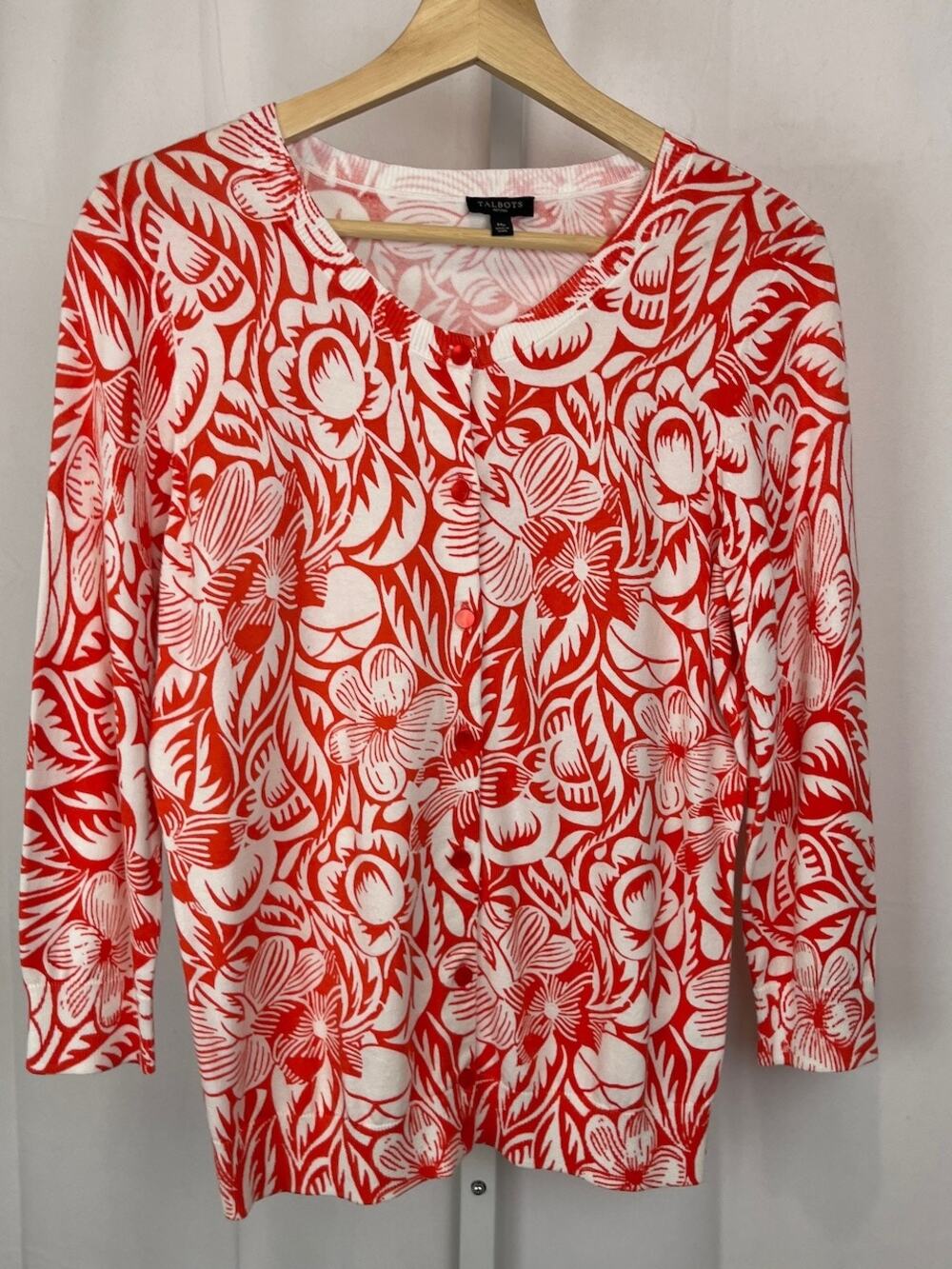 TALBOTS Floral Print Button Up Cardigan Sweater Cotton Blend Orange Petite M PM